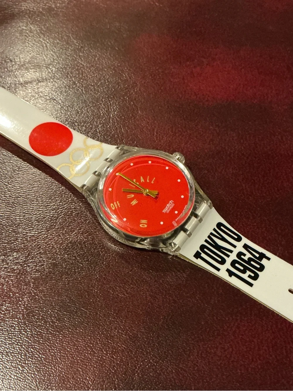 Swatch Red Dial Olympic Tokyo 1964 Musical Alarm Graphic Watch